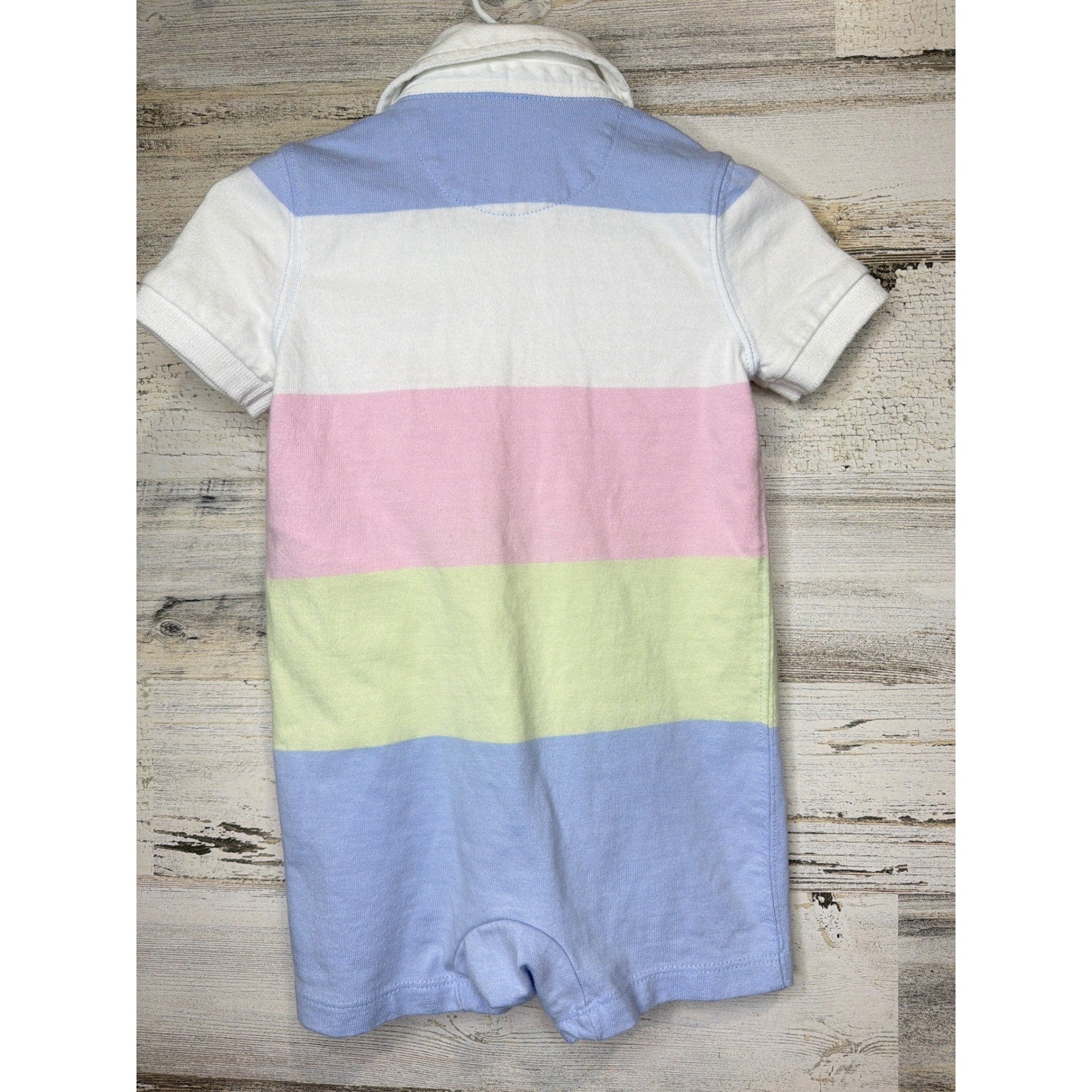 Ralph Lauren Polo Romper Boys 9M Pastel Striped Preppy Summer EUC3