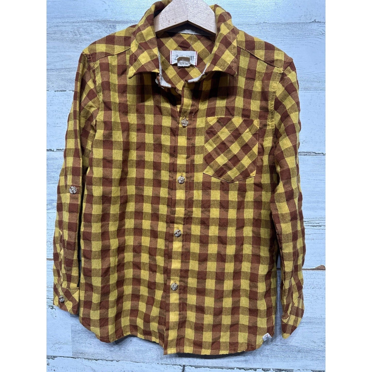 Me & Henry Button Down Shirt Boys 6/7 Yellow Brown Gingham Plaid EUC0