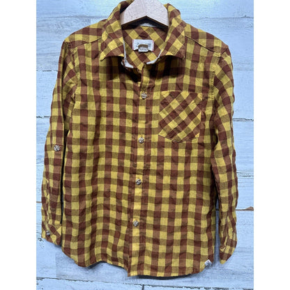 Me & Henry Button Down Shirt Boys 6/7 Yellow Brown Gingham Plaid EUC0