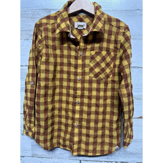Me & Henry Button Down Shirt Boys 6/7 Yellow Brown Gingham Plaid EUC0