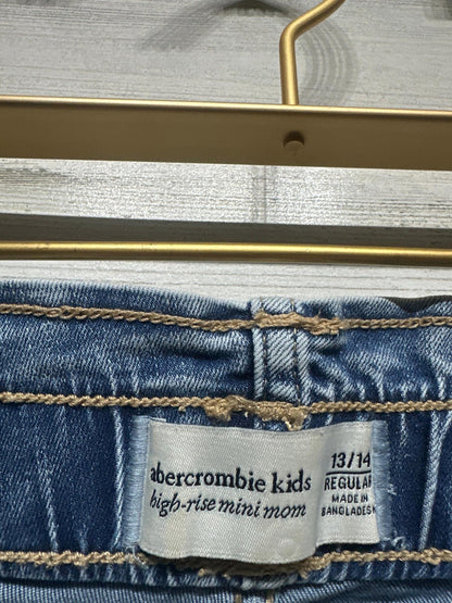 Abercrombie Kids High Rise Mini Mom Jeans Girls 13/14 Blue Paperbag Waist EUC2
