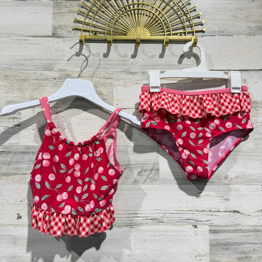 Matilda Jane Tankini Swimsuit Girls 10 Red Cherry Gingham Ruffle Retro EUC0