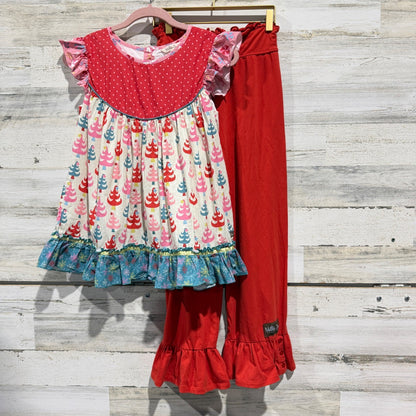 Matilda Jane Tunic Pants Set Girls 16Y Red Christmas Tree Ruffle Holiday EUC0