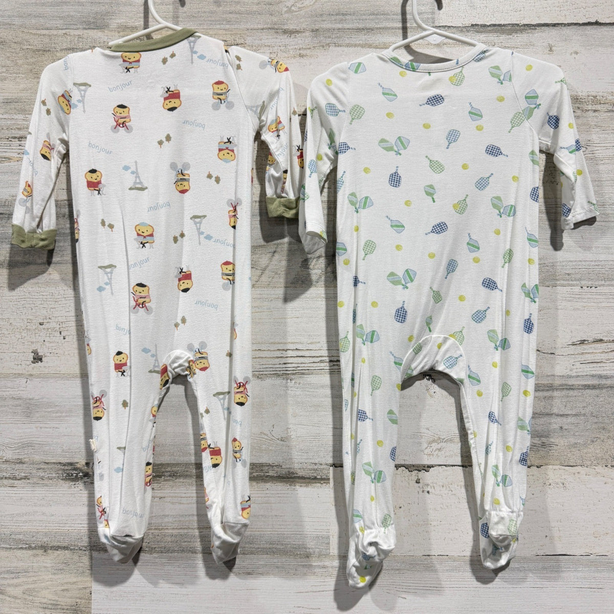 Milkberry Footed Sleepers Kids 3-6M White Paris Pickleball Bamboo Pajamas GUC*5
