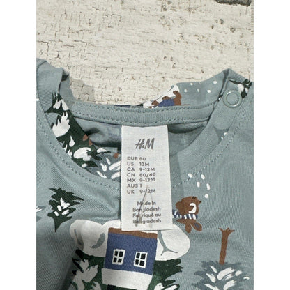 H&M Long Sleeve Tee Boys 12M Blue Winter Forest Animal Print NWOT1