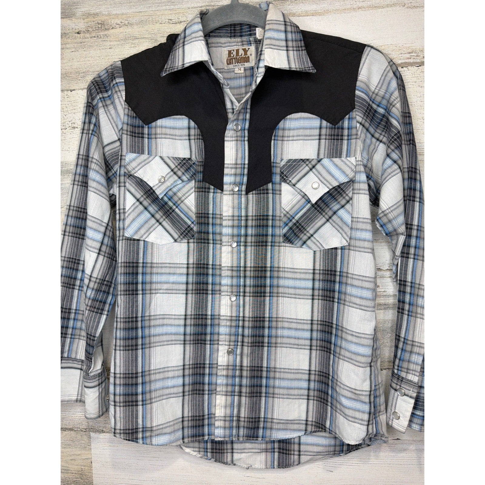 Ely Cattleman Pearl Snap Shirt Boys Medium Blue Plaid Western Cowboy0
