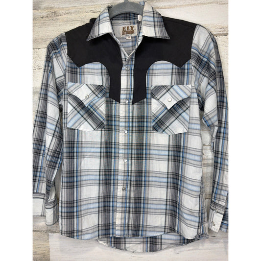 Ely Cattleman Pearl Snap Shirt Boys Medium Blue Plaid Western Cowboy0