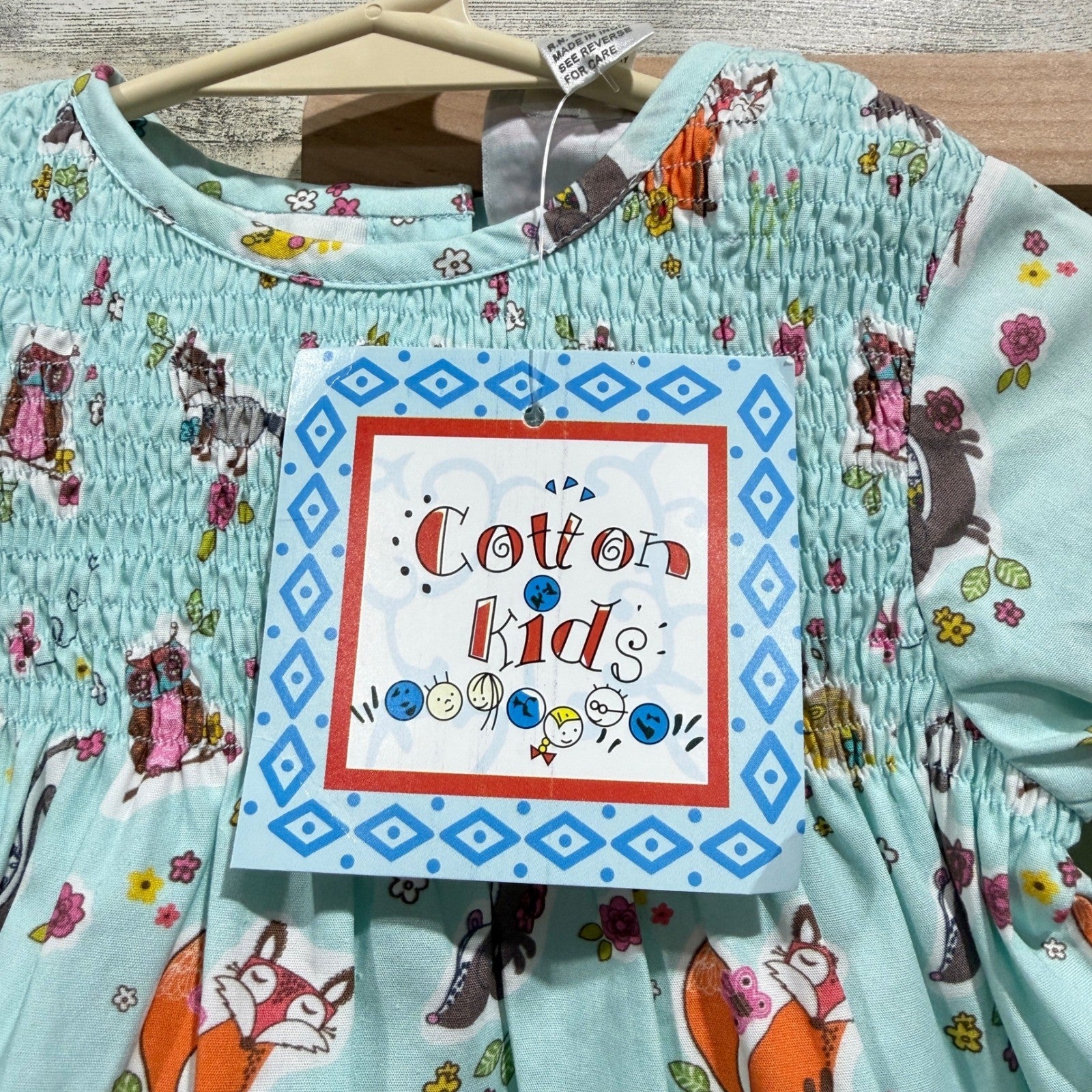 Cotton Kids Tunic Leggings Set Girls 12M Blue Woodland Fox Smocked NWT1