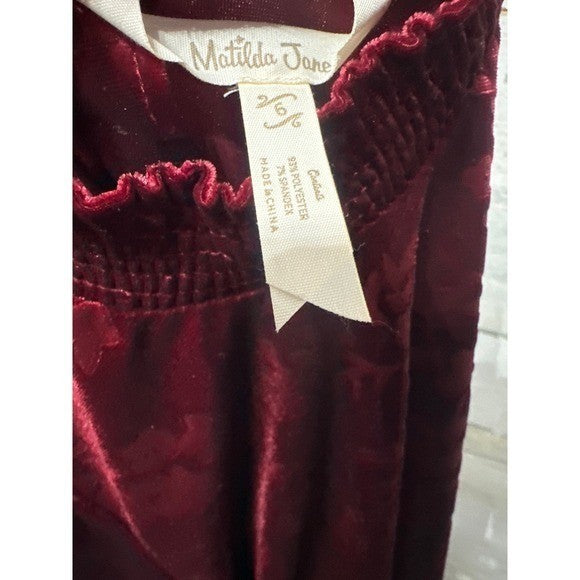 Matilda Jane Floral Velvet Dress Girls 6 Burgundy Smocked Mock Neck EUC4