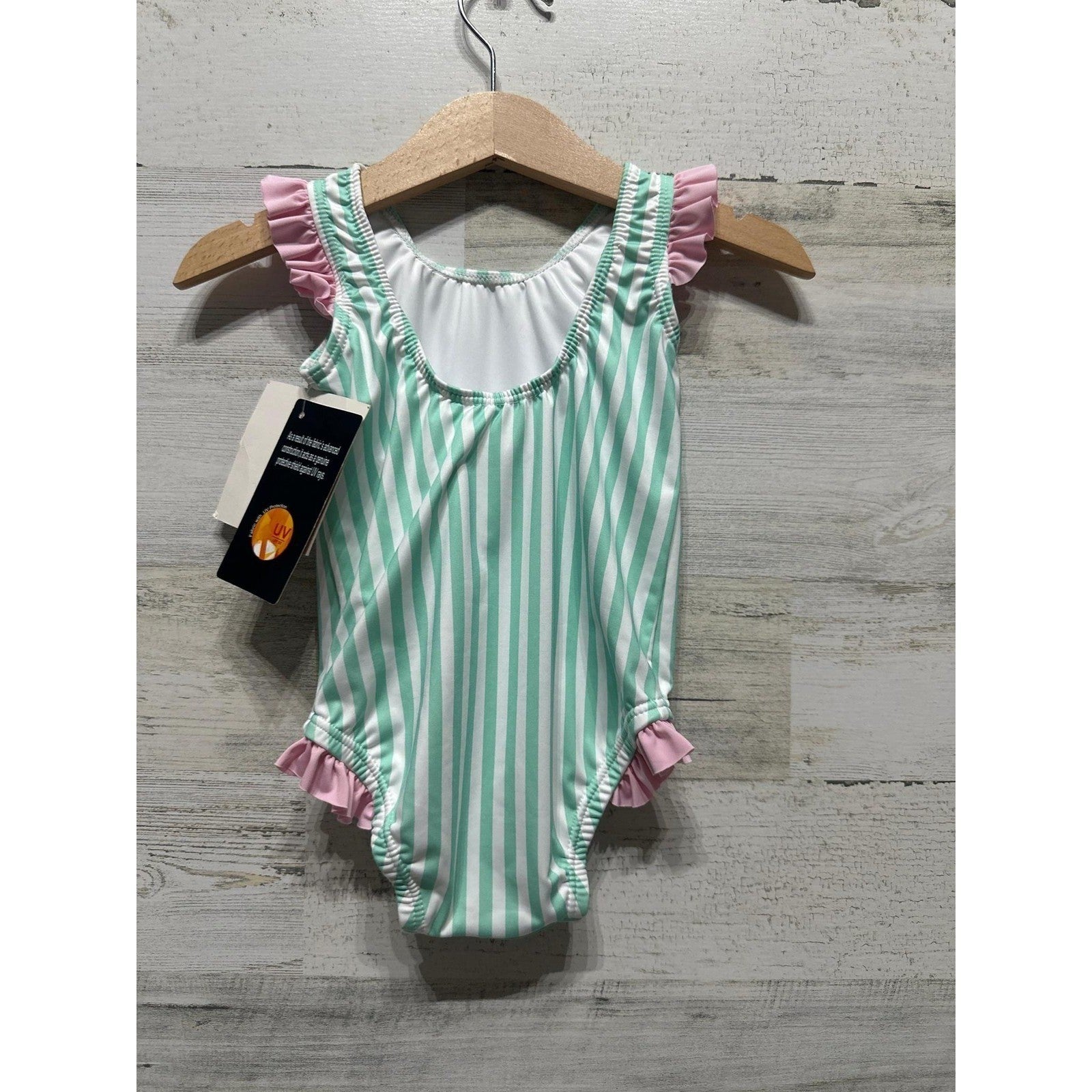 James & Lottie Swimsuit Girls 24M Mint Pink Striped Ruffle UPF 50+ NWT1