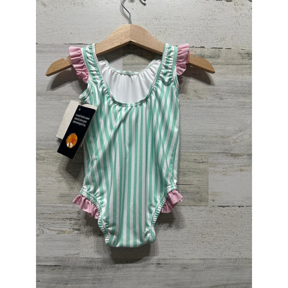 James & Lottie Swimsuit Girls 24M Mint Pink Striped Ruffle UPF 50+ NWT1