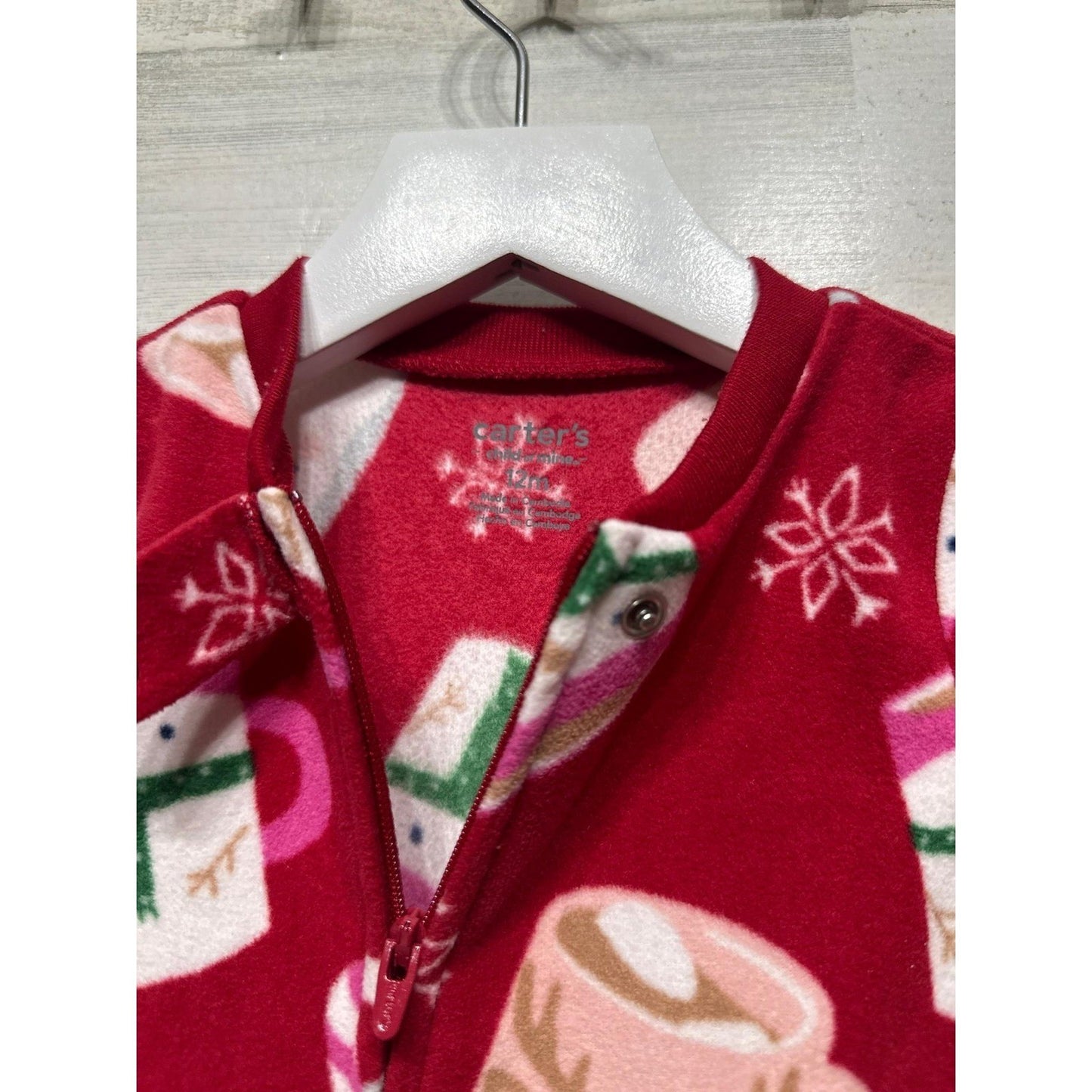 Carters Footed Pajamas Girls 12M Red Fleece Hot Cocoa Winter Holiday EUC1