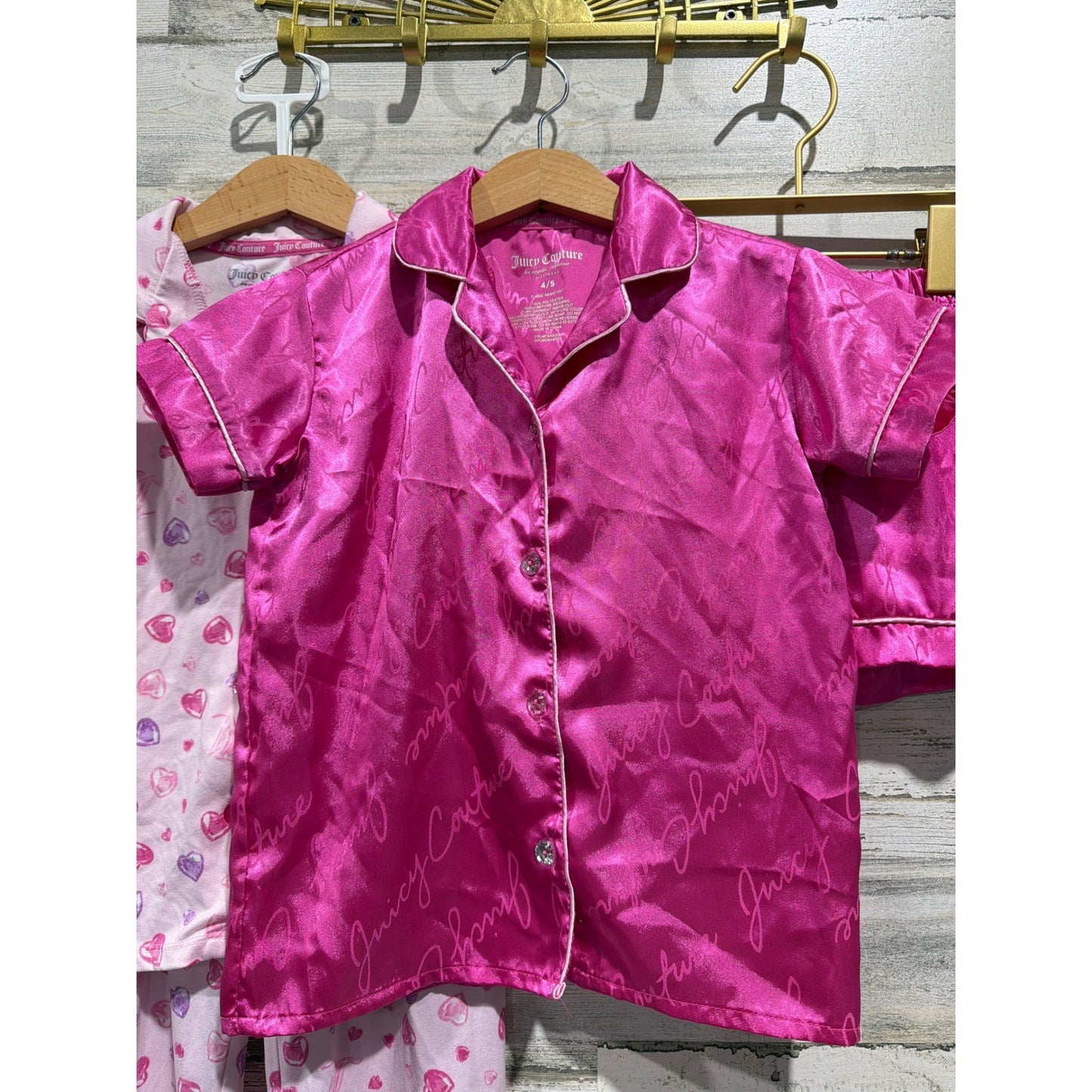 Juicy Couture Pajama Set Girls 4/5 Pink Heart Satin Y2K Inspired Loungewear EUC1