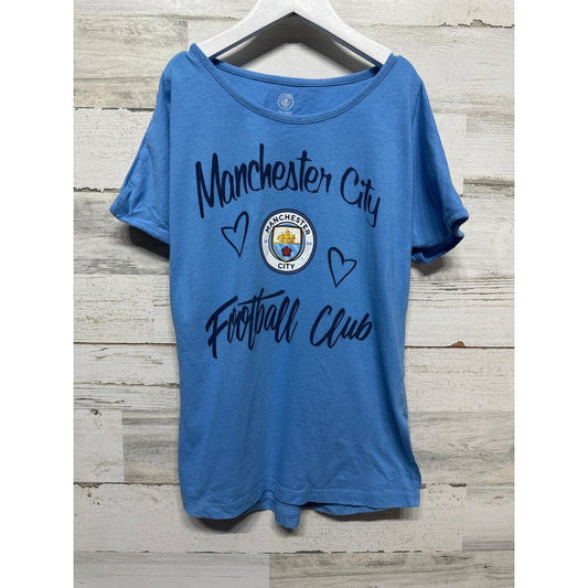 Manchester City FC Graphic Tee Girls 10/12 Blue Hearts Soccer Sporty EUC0