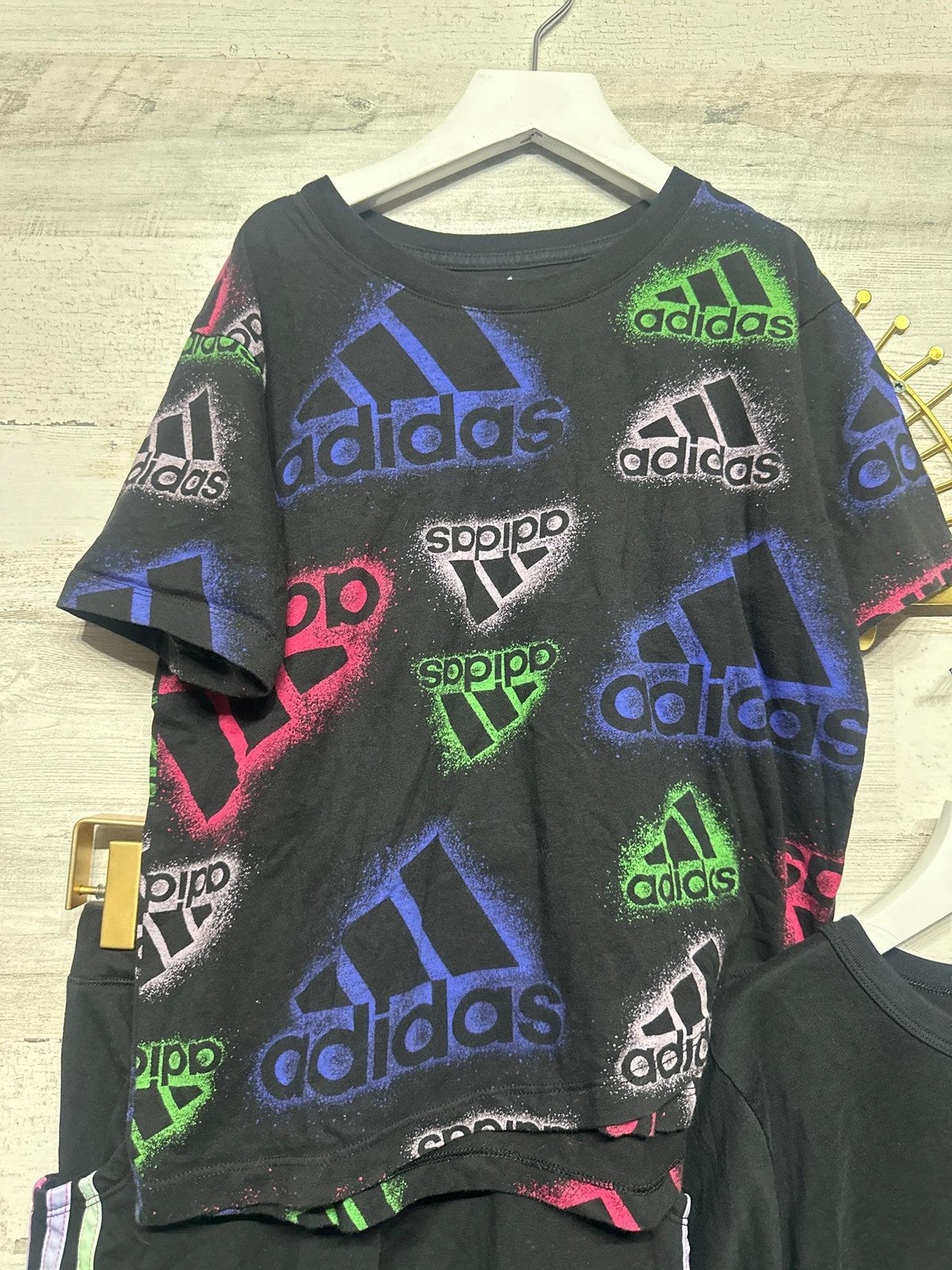 Adidas 3pc Outfit Set Girls Large 14 Black Neon Rainbow Metallic1