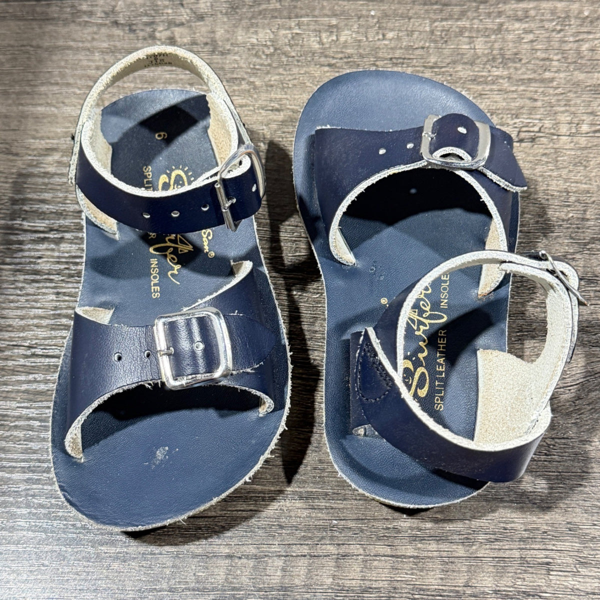 Sun-San Surfer Sandals Boys Size 6 Navy Blue Leather Buckle Classic GUC*2