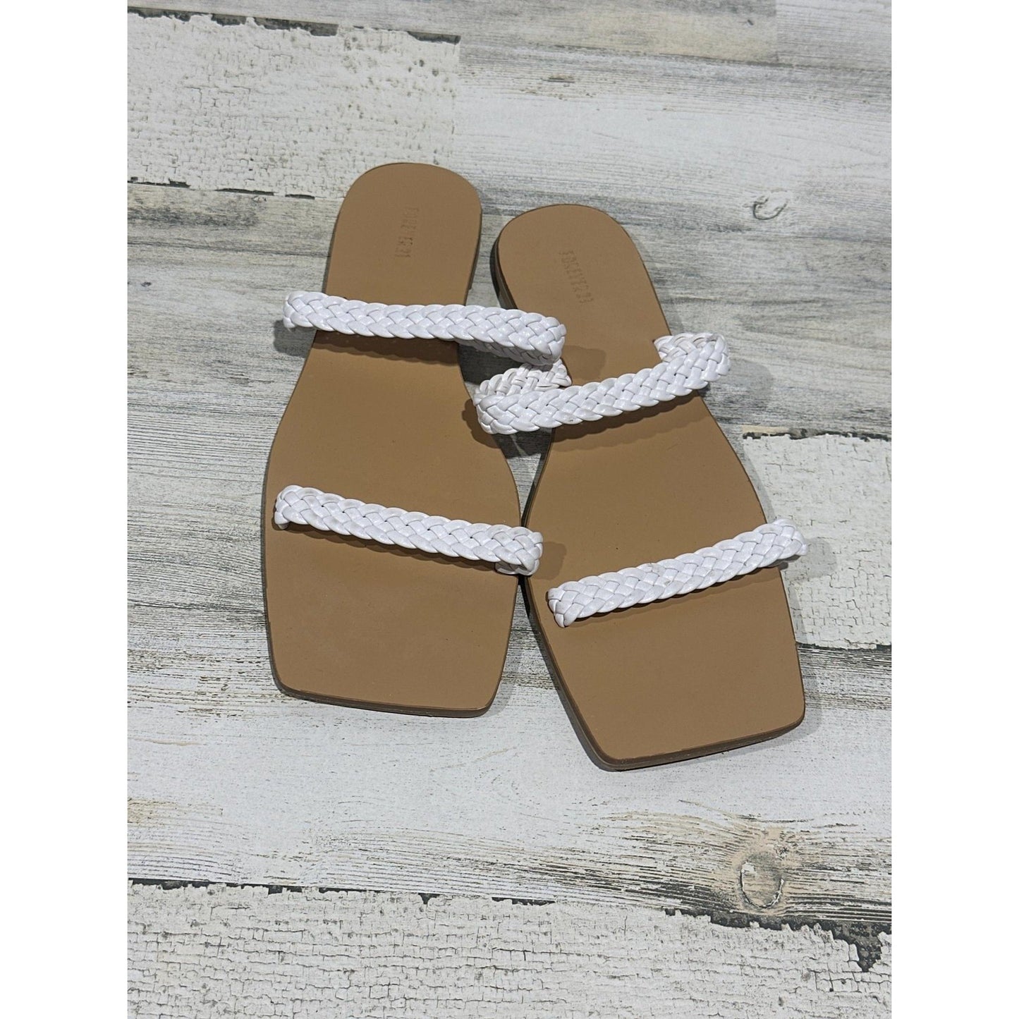 Forever 21 Square Toe Sandals Women 9 White Braided Flat Slide0
