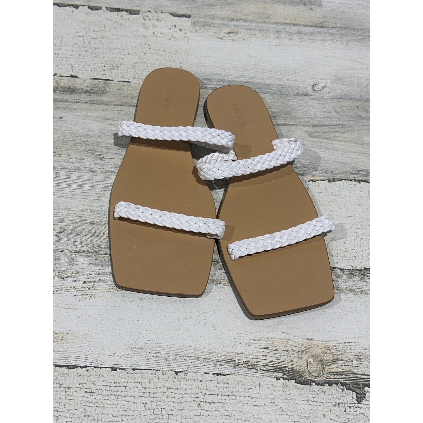 Forever 21 Square Toe Sandals Women 9 White Braided Flat Slide0