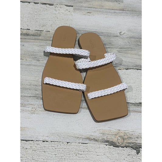 Forever 21 Square Toe Sandals Women 9 White Braided Flat Slide0