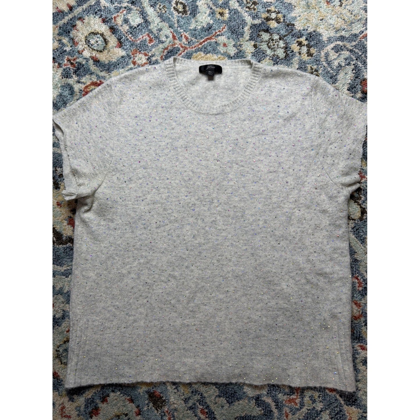 J.Crew Short Sleeve Sweater Women XL Gray Rhinestone Merino Wool Blend EUC0