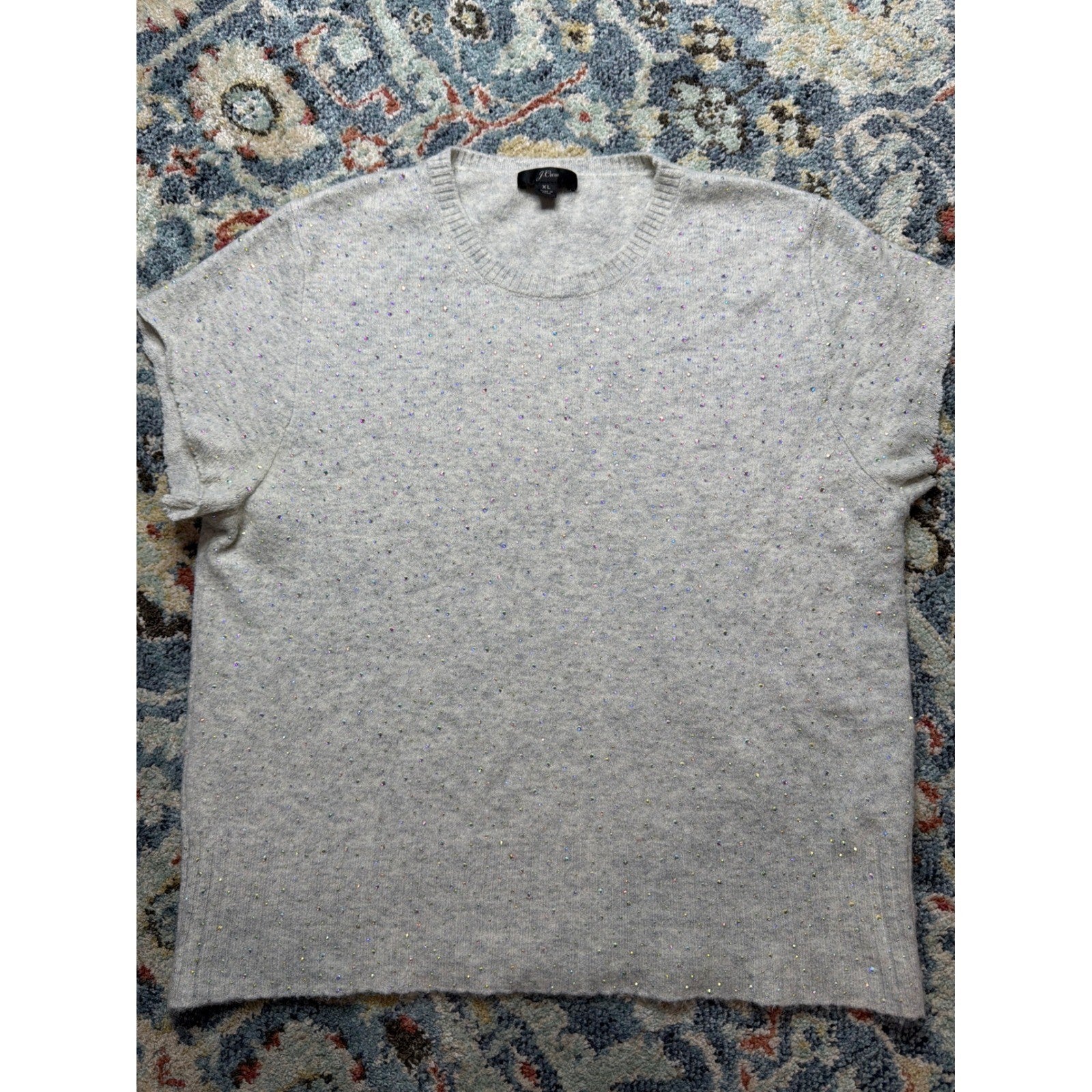 J.Crew Short Sleeve Sweater Women XL Gray Rhinestone Merino Wool Blend EUC0