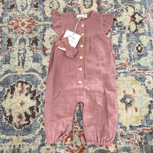 Olive & Cradle Linen Romper Girls 0-3M Mauve Ruffle Boho Cottagecore NWT0