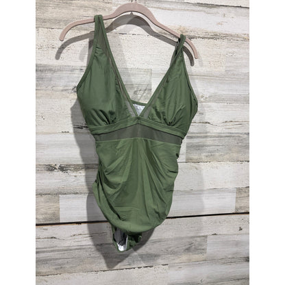 One Piece Swimsuit Women XL Olive Green Mesh Ruched Plunge EUC0