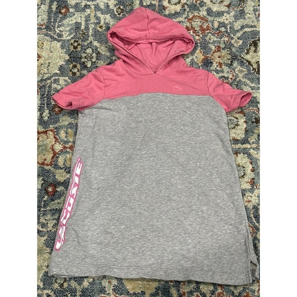 Lacoste Hoodie Dress Girls 10 Pink Grey Colorblock Short Sleeve EUC0