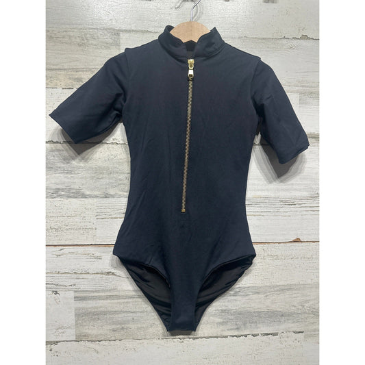 Inside Out One Piece Leotard Girls Large Child Black Front Zip Dancewear EUC0