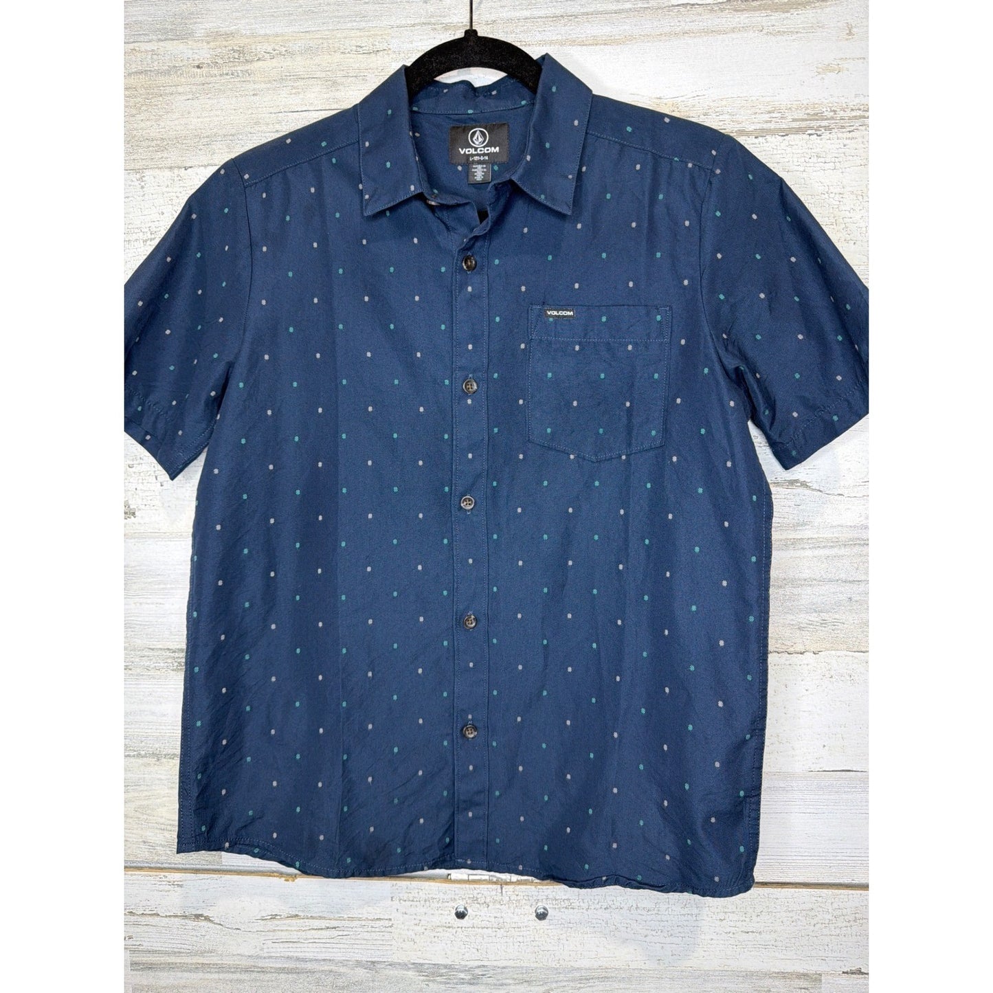 Volcom Button Up Shirt Boys Large 12 Blue Dot Skater Surf EUC0