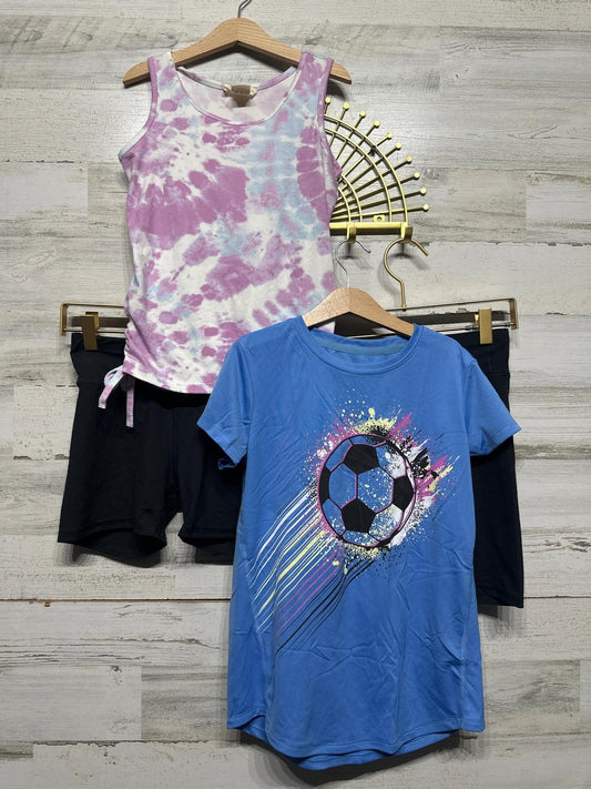 Activewear Bundle Girls 10/12 Blue Purple Soccer Tie Dye Shorts 3pc EUC0