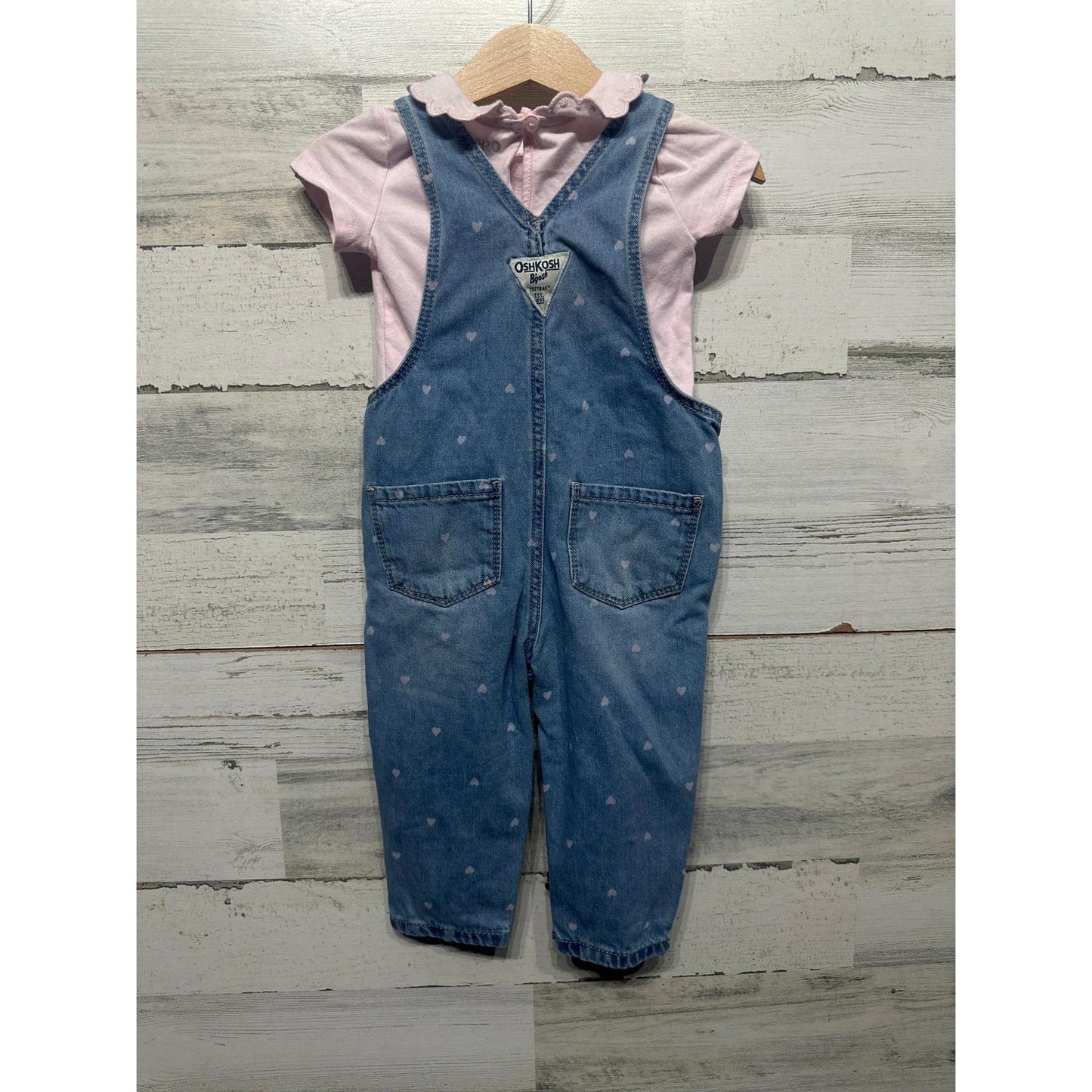 OshKosh B'gosh Overalls Set Girls 12M Blue Pink Heart Print Scallop Collar EUC2
