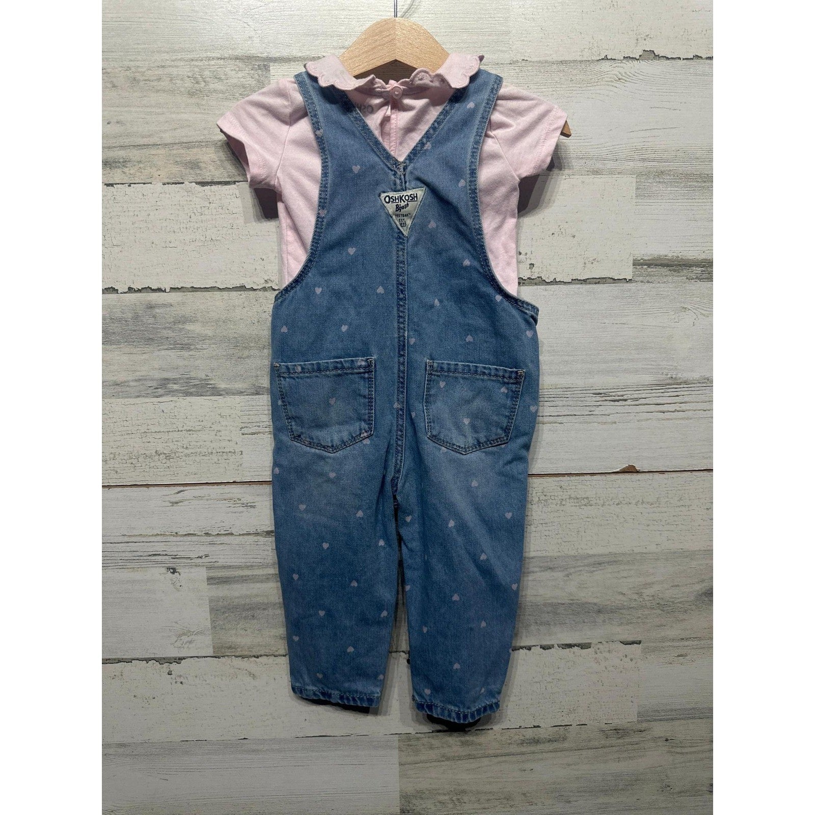 OshKosh B'gosh Overalls Set Girls 12M Blue Pink Heart Print Scallop Collar EUC2