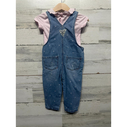OshKosh B'gosh Overalls Set Girls 12M Blue Pink Heart Print Scallop Collar EUC2