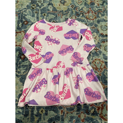 Barbie Dress Girls 4T Pink Heart Logo Long Sleeve Drop Waist EUC0