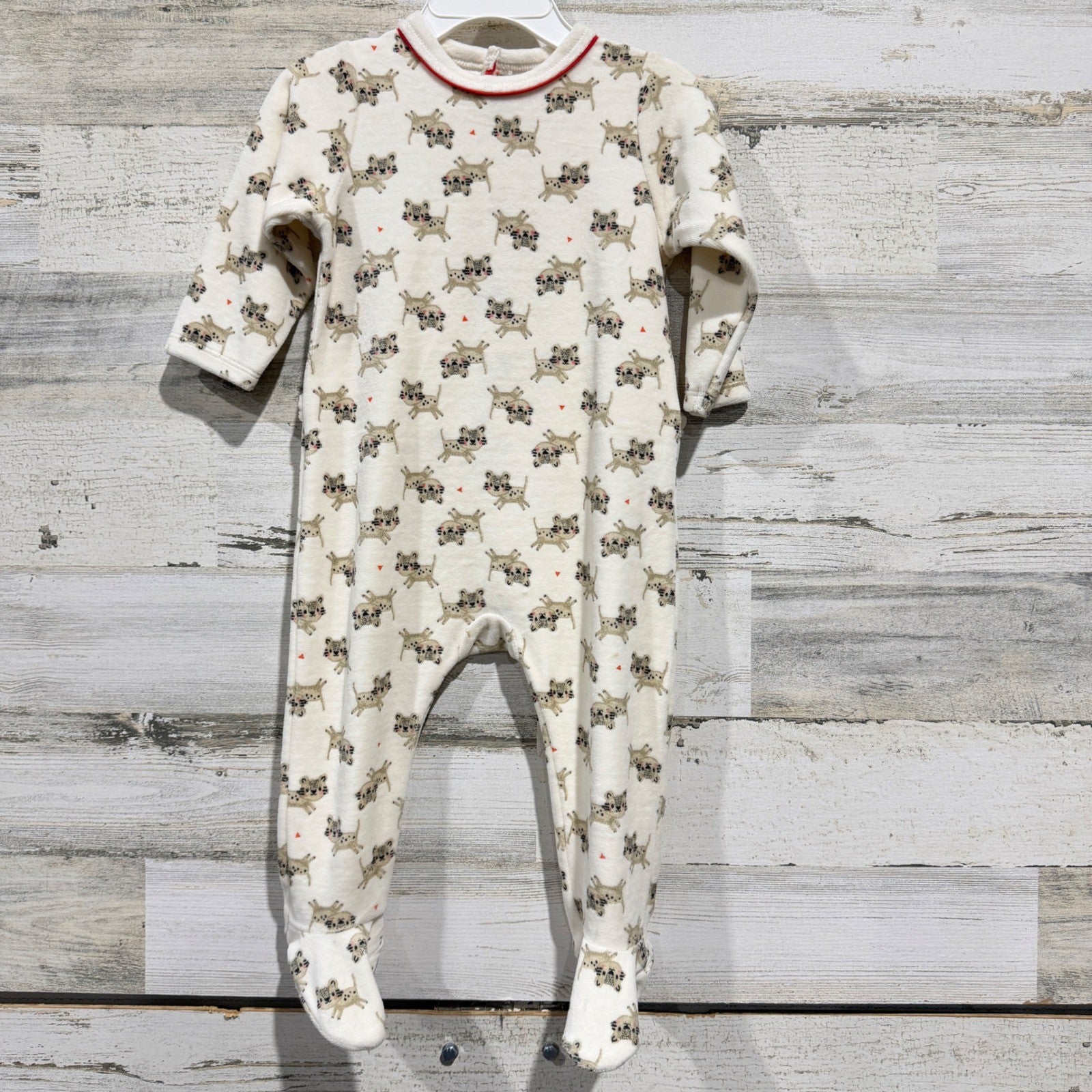 Catimini Footed Sleeper Baby 9M Ivory Leopard Print Bear Back NWT0