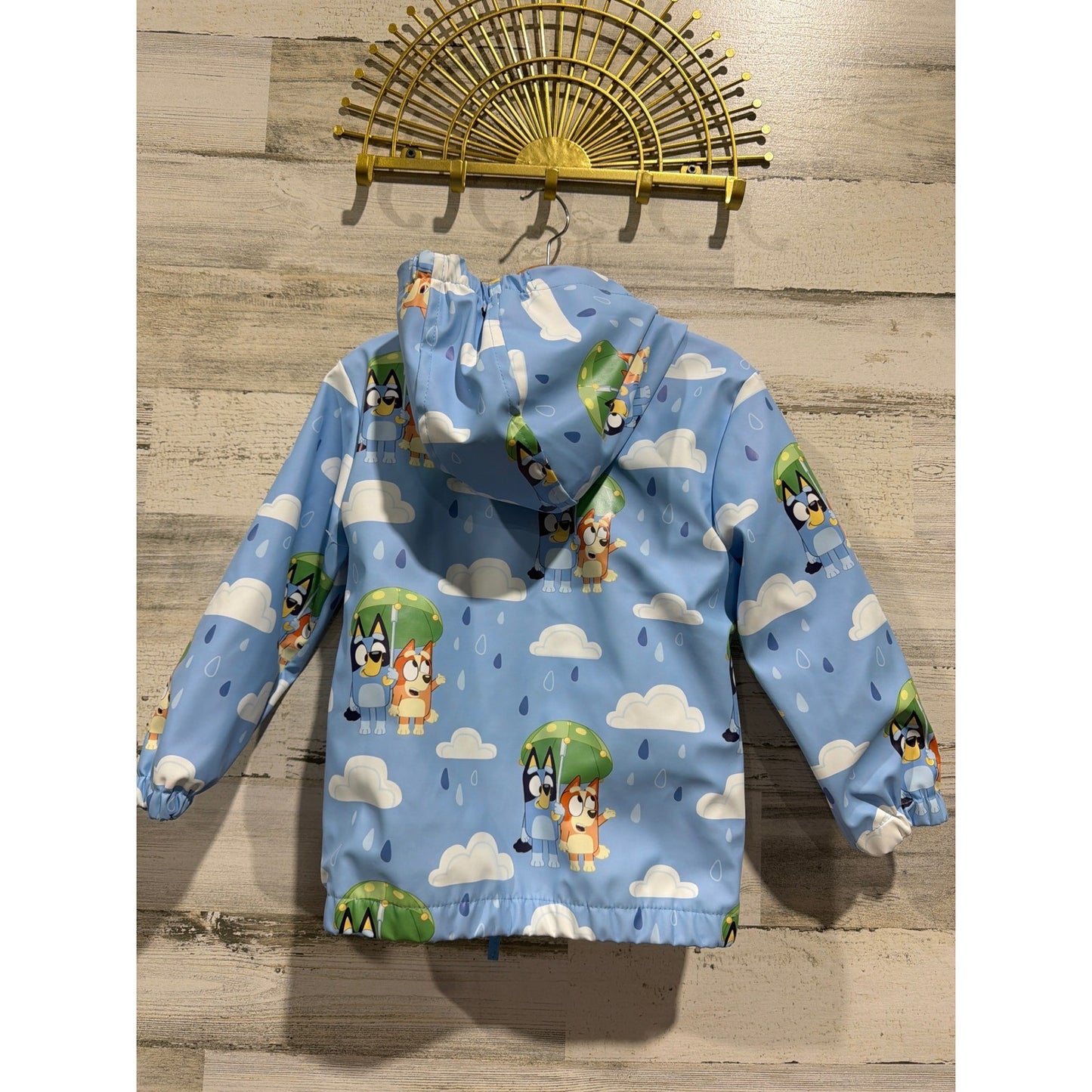 Bluey Rain Jacket Boys 4T Blue Hooded Waterproof Cartooncore EUC2