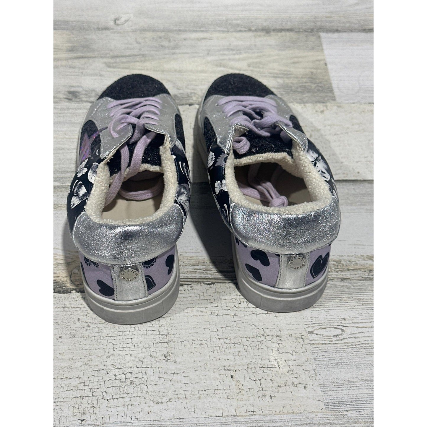 Steve Madden Sneakers Girls Size 4 Black Silver Glitter Star Floral NWT2
