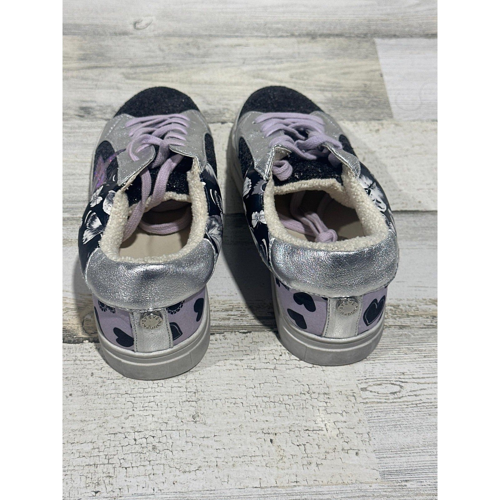 Steve Madden Sneakers Girls Size 4 Black Silver Glitter Star Floral NWT2