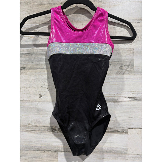 Alpha Factor Aerial Leotard Girls Large Pink Black Shiny Gymnastics EUC0