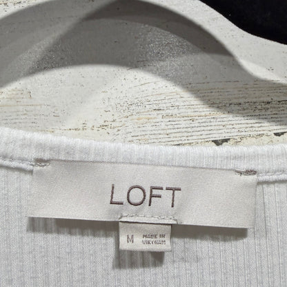 LOFT Ribbed Henley Top Women Size M White Rayon Spandex Casual Flawed*1