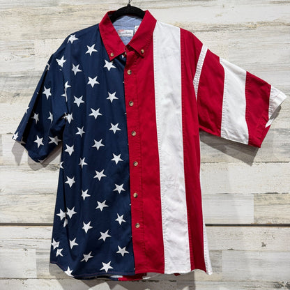 American Summer USA Flag Button Down Shirt Large Red White Blue Cotton Patriotic0