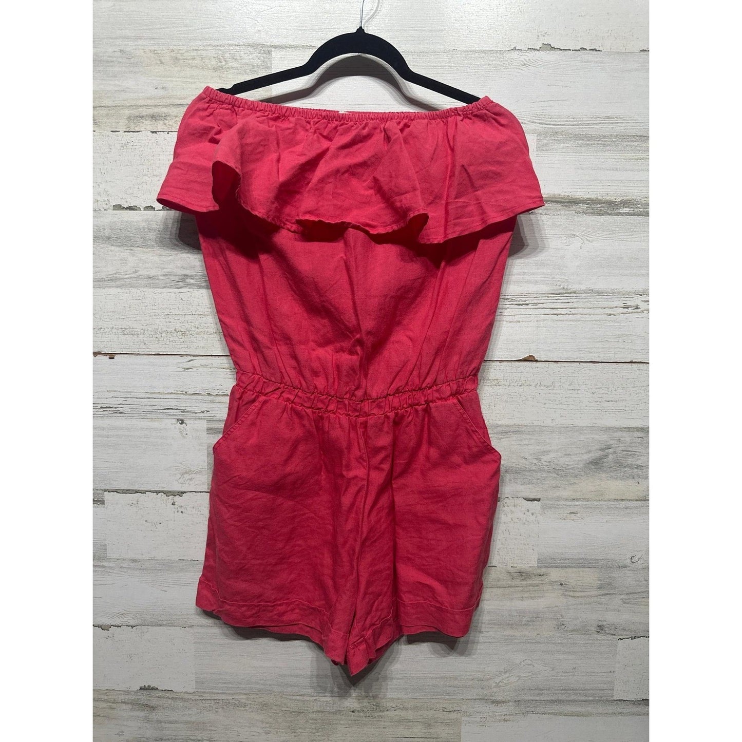 Jolie Romper Womens Medium Pink Linen Blend Strapless Ruffle EUC0