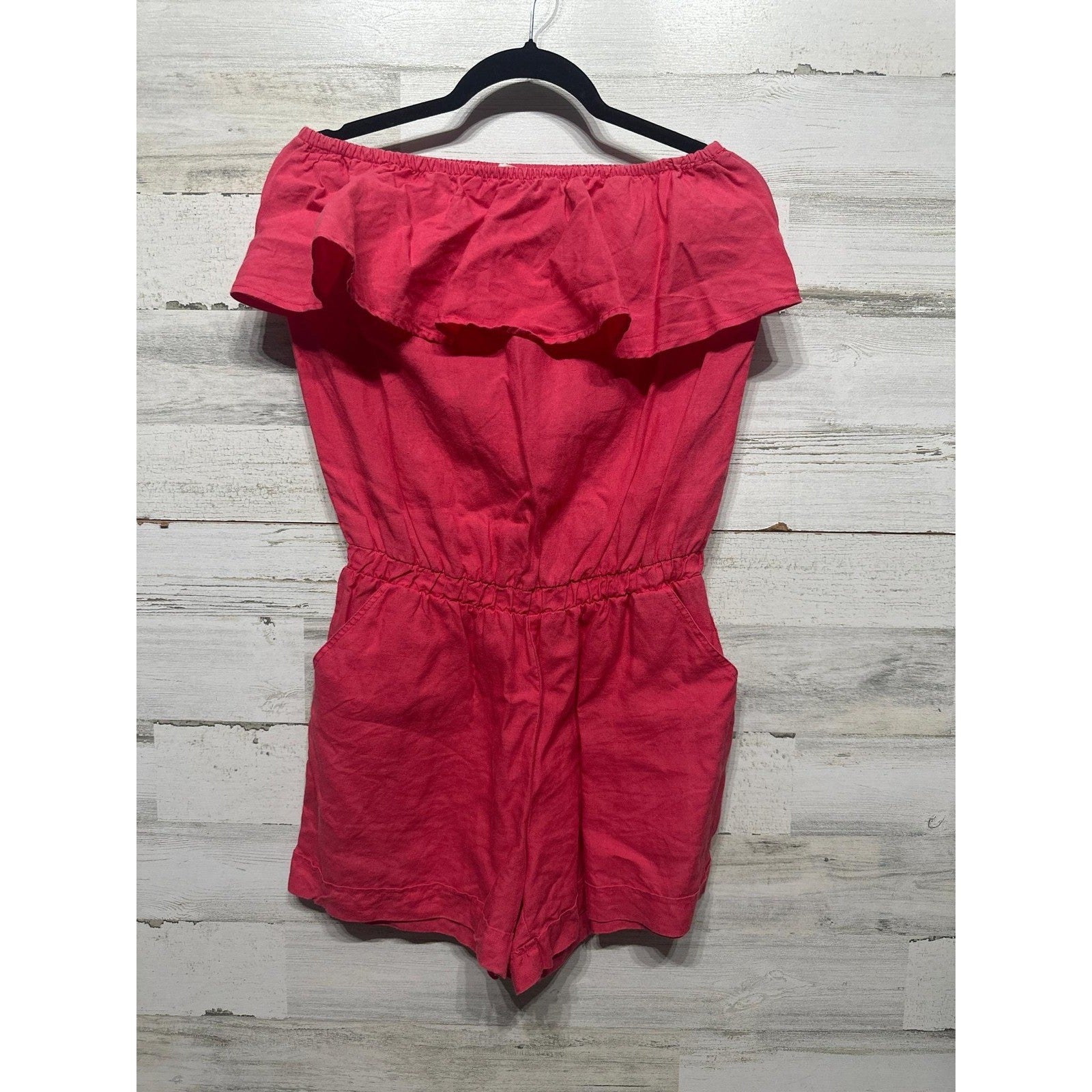 Jolie Romper Womens Medium Pink Linen Blend Strapless Ruffle EUC0