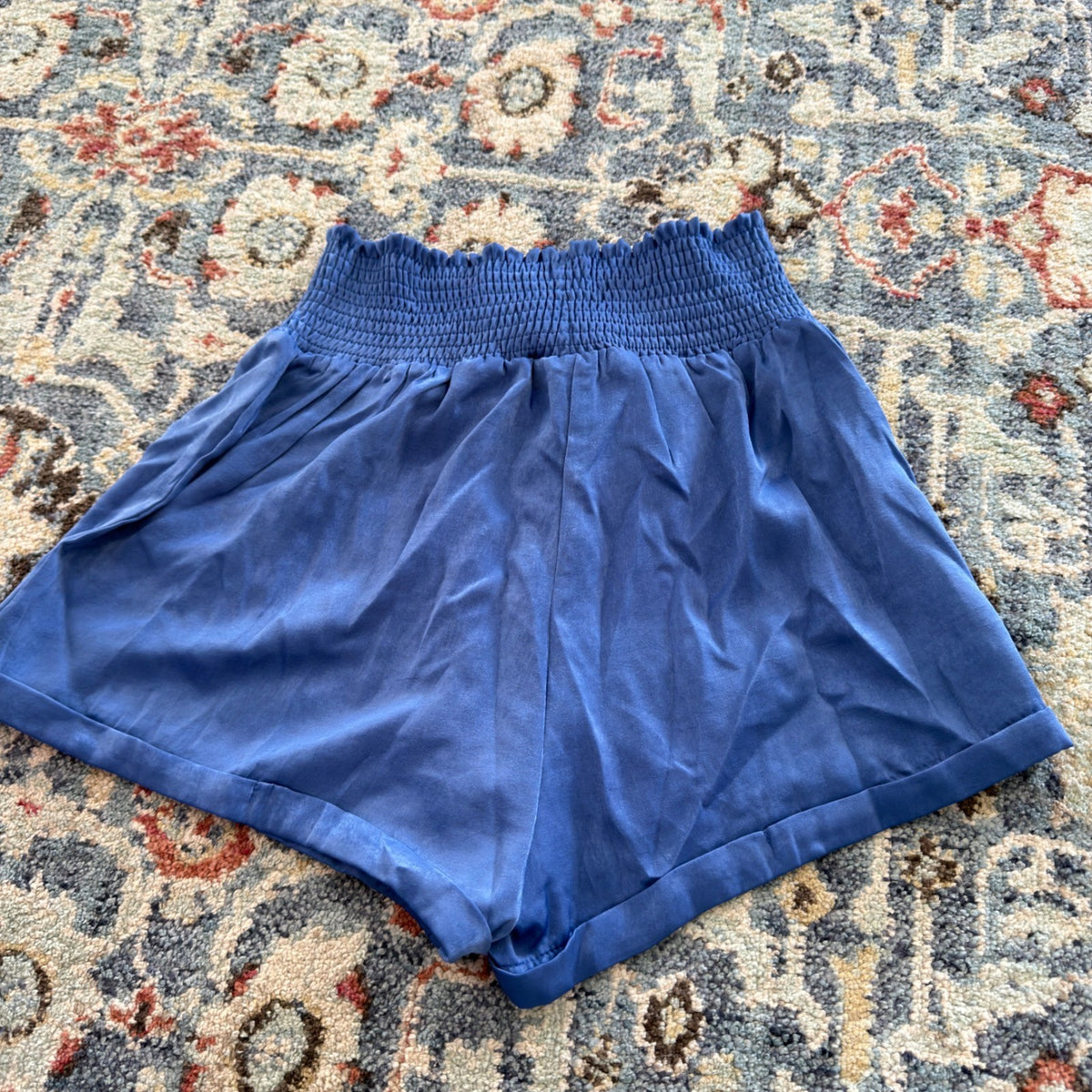 Umgee Satin Smocked Waist Shorts Women L Blue Boho NWT5
