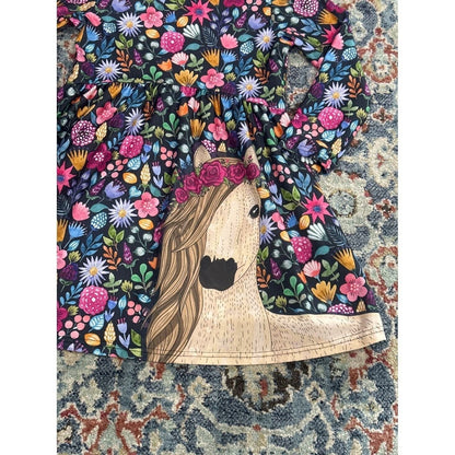 Sunshine Swing Dress Girls Size 8 Black Floral Horse Graphic Long Sleeve EUC1