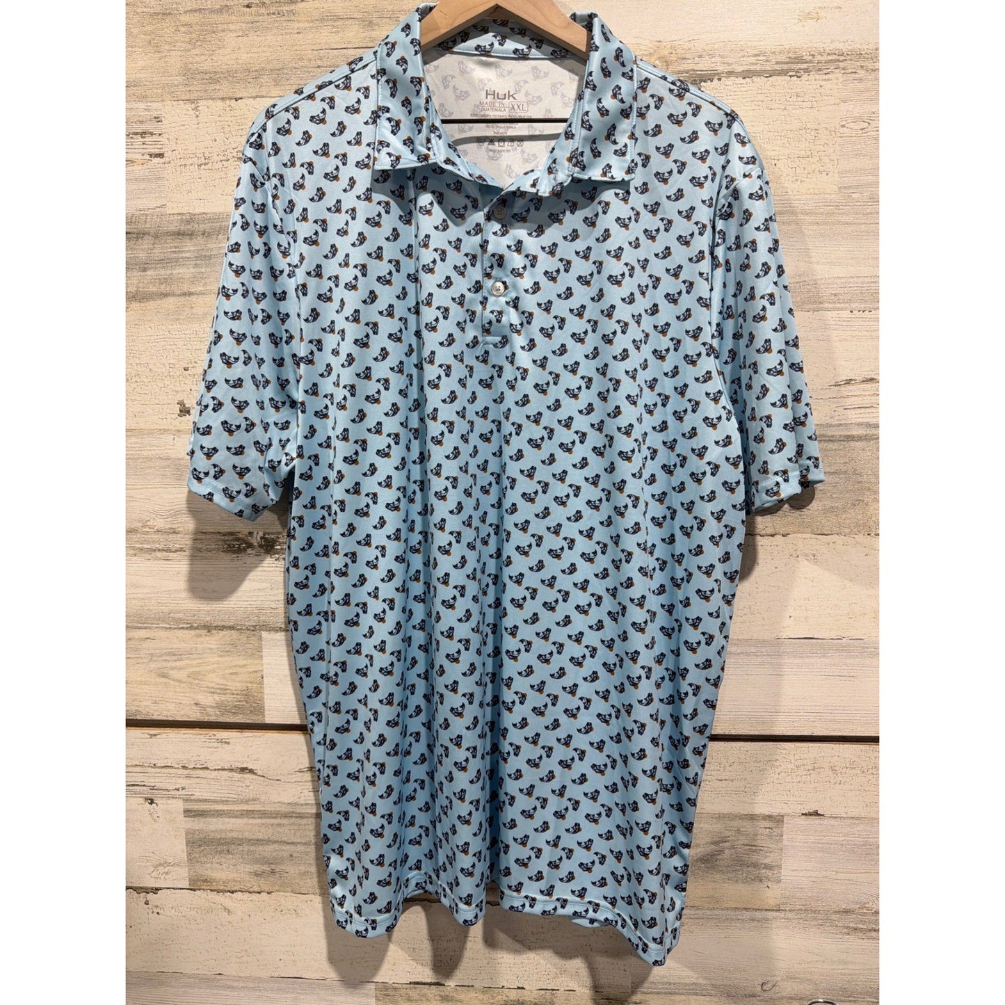 Huk Polo Shirt Men XXL Blue Fish Print Short Sleeve Performance Fishing EUC0