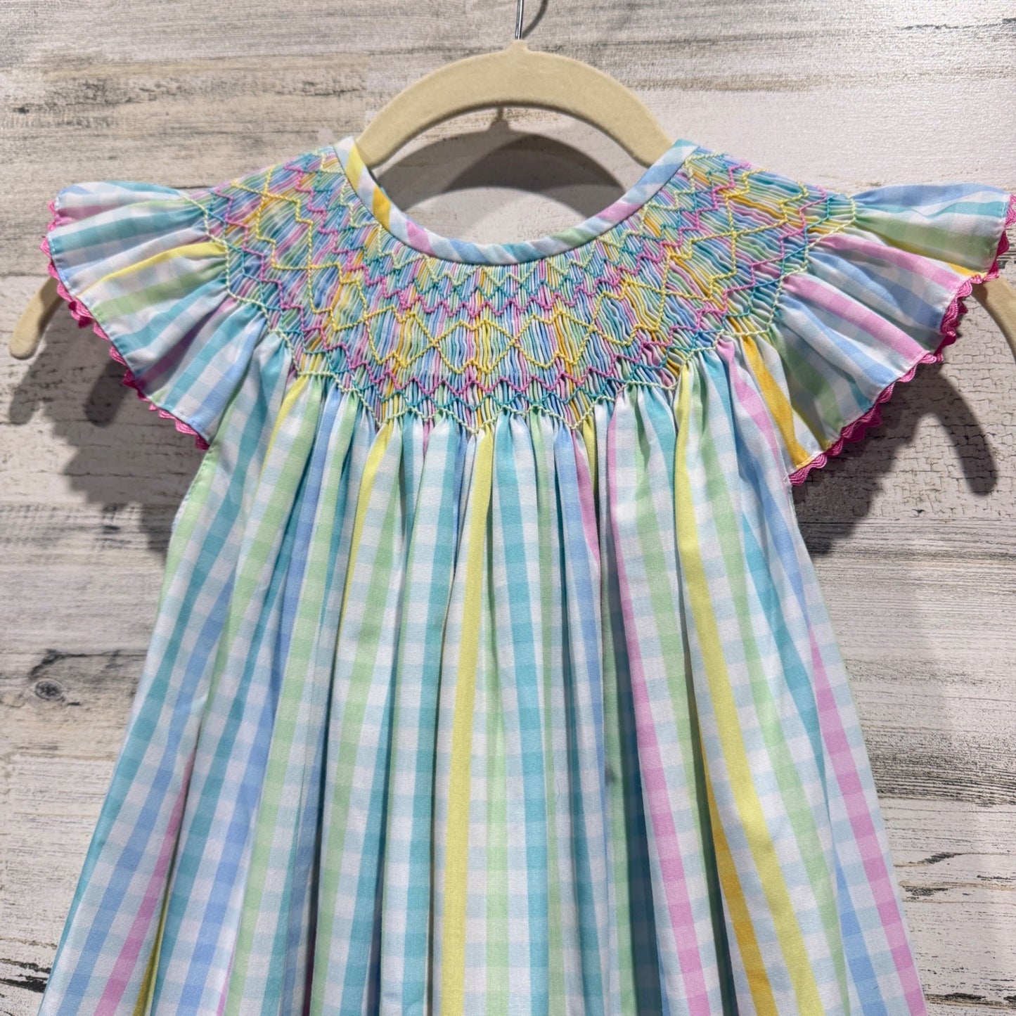 Nola Smocked Handmade Bishop Dress Girls 5T Pastel Gingham Plaid Southern1