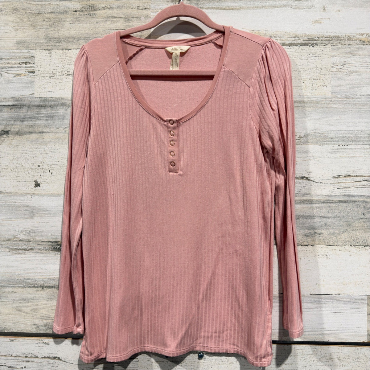 Matilda Jane Henley Top Women M Pink Ribbed Long Sleeve *Flawed0