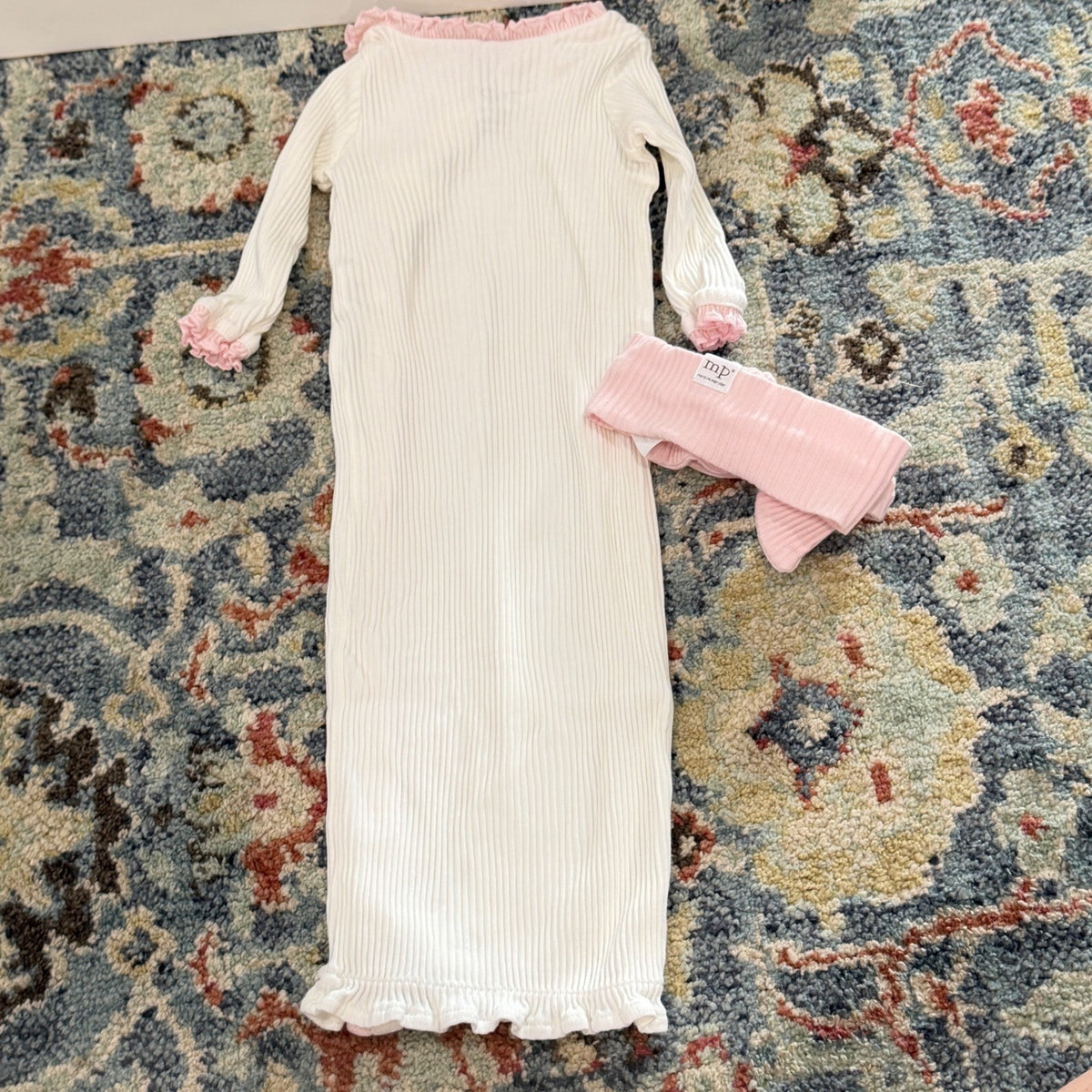 Mud Pie Hello World Sleeper Gown Girls 0-3M White Pink Ruffle Ribbed EUC6
